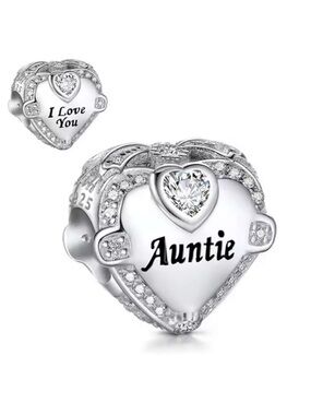 Auntie Sterling Silver Heart Charm with Clear Crystal